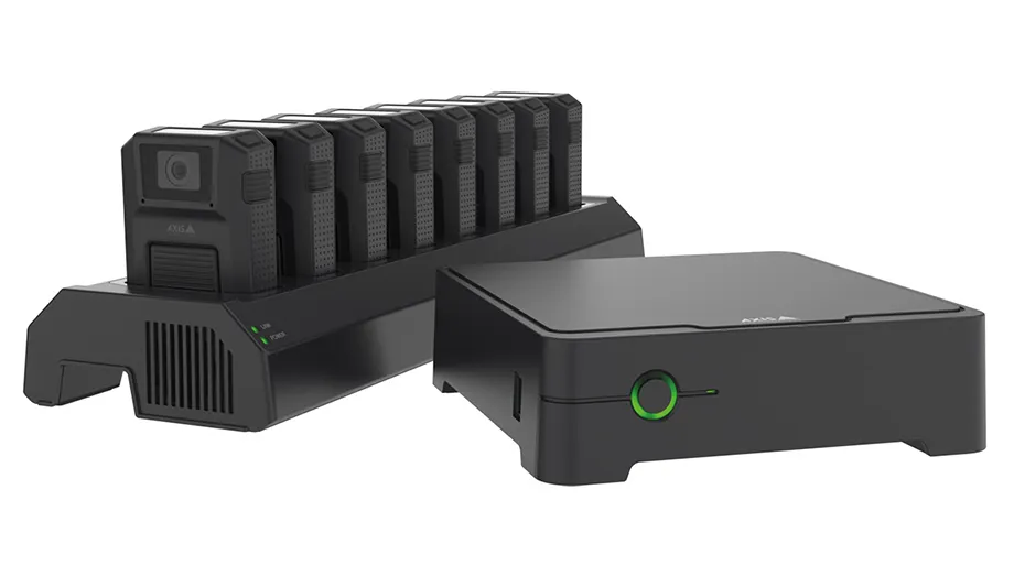 Axis body worn cameras in charging dock with management server