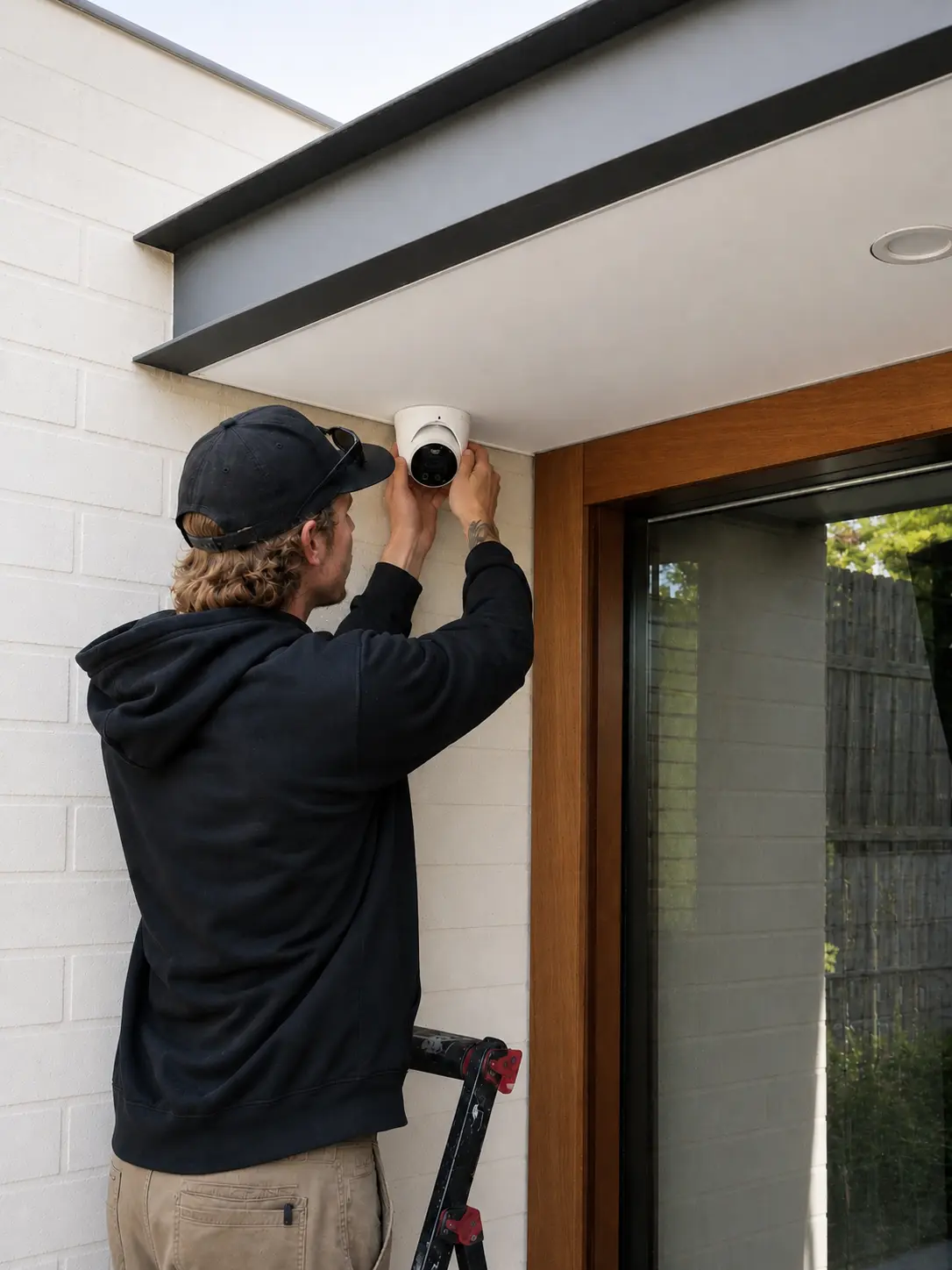 Licensed Perth security installer positioning a CCTV camera on a residential property