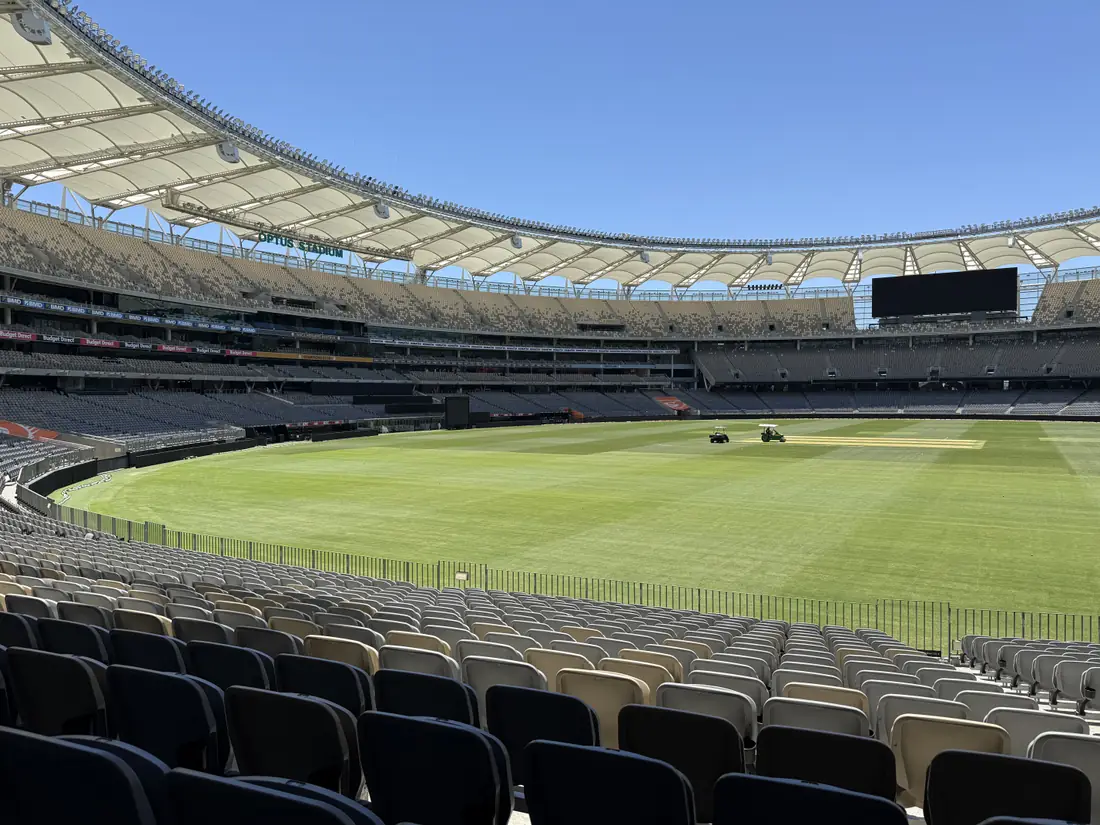 Tiered seating and open field inside Optus Stadium in Perth