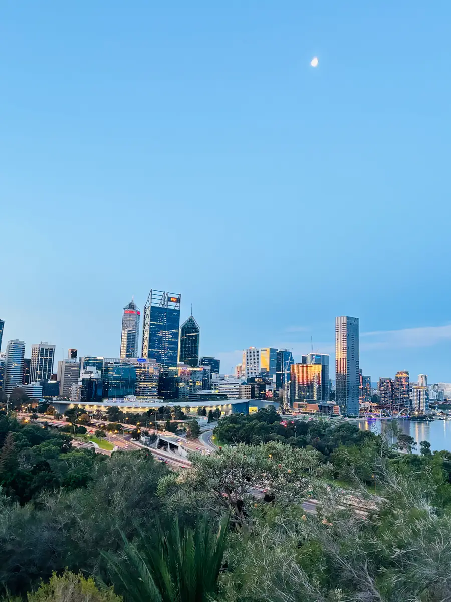 Perth city skyline viewed from Kings Park at dusk